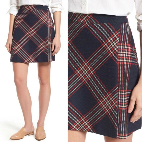 HALOGEN Classic Navy Plaid A-Line Skirt size 10 red white blue - Picture 4 of 11